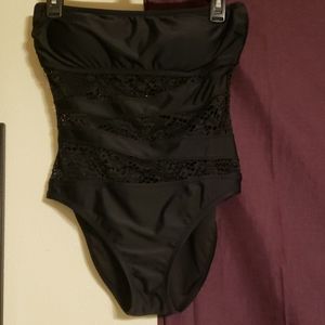 Black one piece, strapless bathing suit